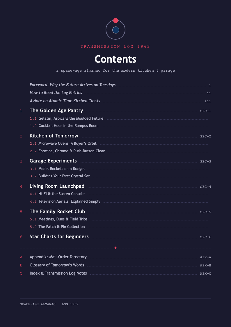 Retro space age table of contents
